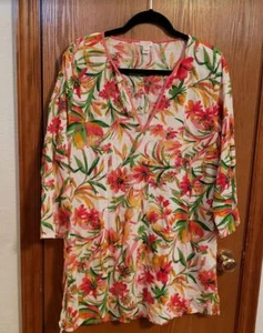 J. Crew XL Tunic Top  White Yellow  Pink Green Floral Beach Coverup Cotton C2343 - Picture 1 of 5