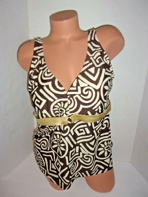 Croft & Barrow tankini top w/shelf bralette brown, white & metallic gold Sz 18W - Image 1 of 3
