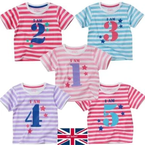 Girls 1st 2nd 3rd 4th 5th Birthday T-Shirt Tops Long Short Sleeve Striped Cotton - Picture 1 of 8