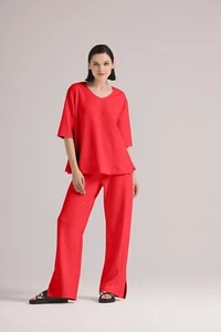 Hose rot weites Bein Schlitz Gummibund Damen Modal Freizeit modisch Soldout - Bild 1 von 1