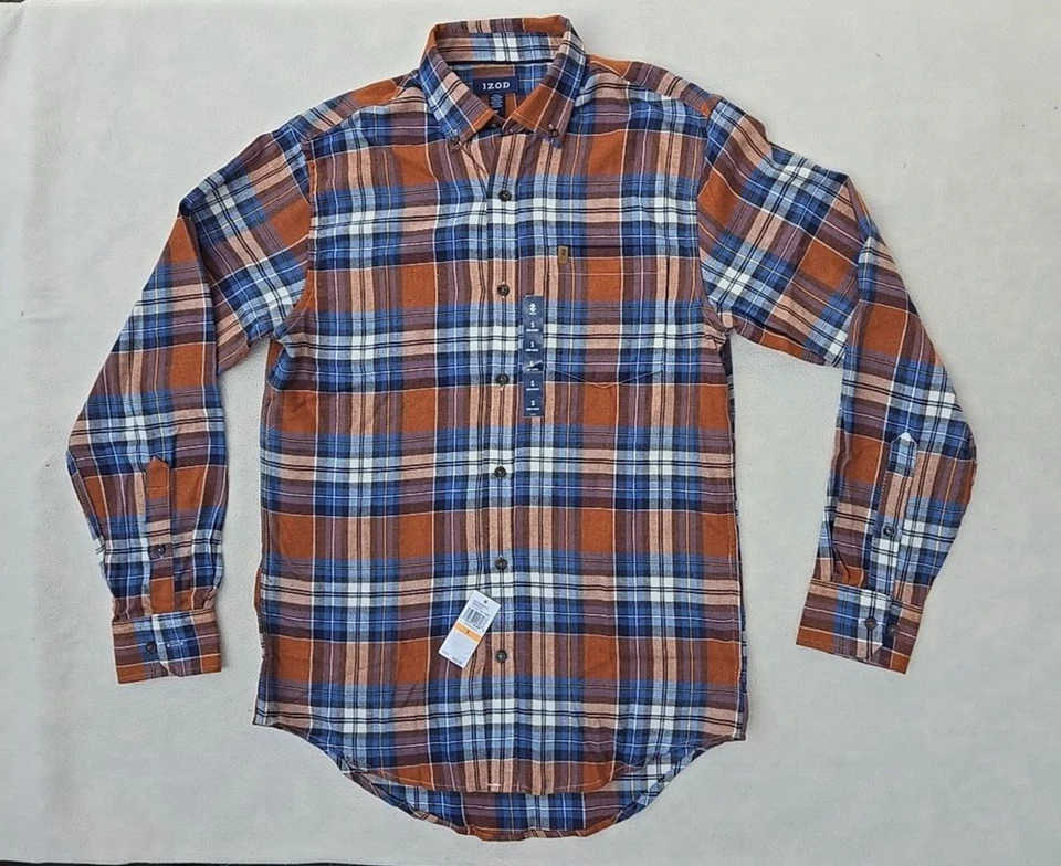 IZOD Stratton Flannel Ginger Bread Plaid Button Up Shirt Men's Size Small