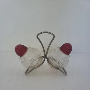 Vintage Glass with Red Plastic Lid & Metal Holder Stand Salt And Pepper Shakers  - Picture 1 of 8