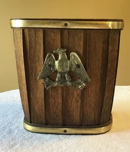 Mid Century Wooden Slats Trash Can With American Eagle - Picture 1 of 8