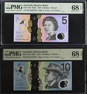 Australia Set 2; 5 10 Dollars 2017 2018 P 62 a P 63 b Superb Gem UNC PMG 68 EPQ - Picture 1 of 4