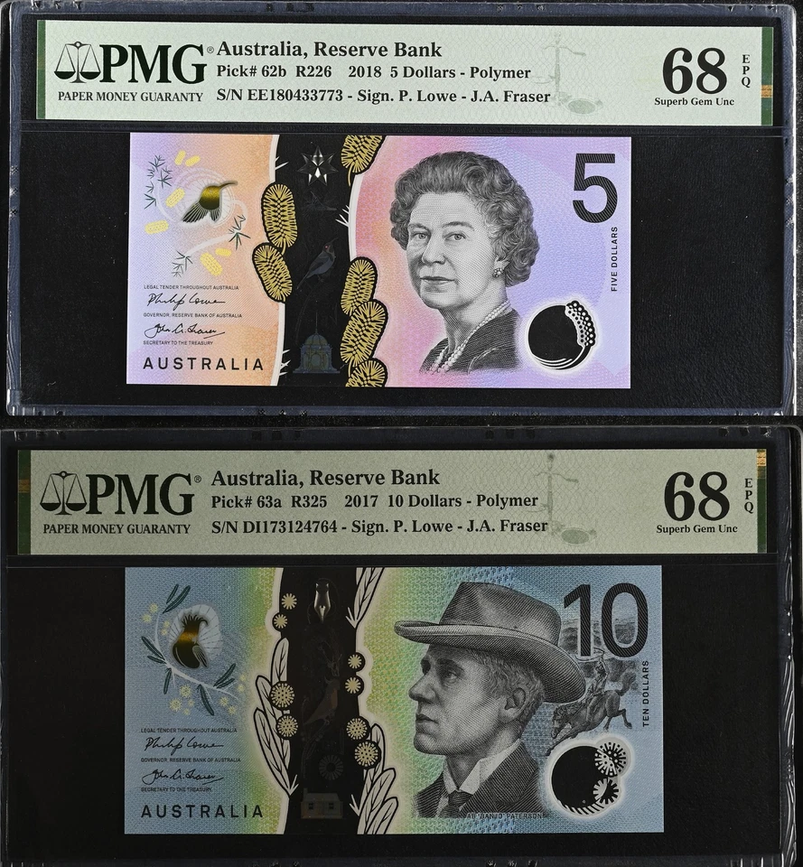 Australia Set 2; 5 10 Dollars 2017 2018 P 62 a P 63 b Superb Gem UNC PMG 68 EPQ - Image 1 of 4