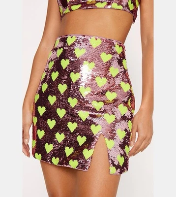 Saia Padrão Coração Lantejoulas NastyGala - Rosa e Verde, tamanho US6 - Imagem 1 de 4