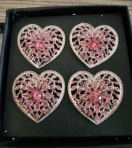 Tahari Home Set of 4 Silver Metal Heart PINK Rhinestone Napkin Rings Valentine - Picture 1 of 5