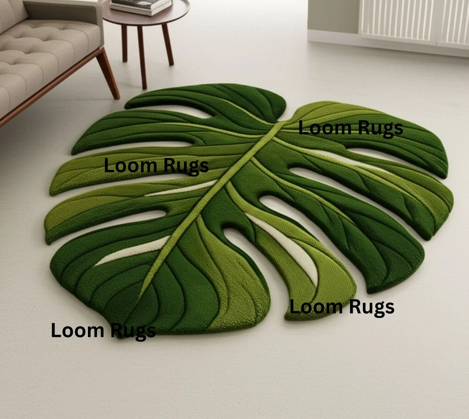 Alfombra acolchada verde hecha a mano con forma de hoja Monstera - Alfombra botánica moderna Foto 1 de 3