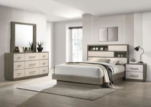 4 PC RUSTIC GREY OAK BOOKCASE HEADBOARD QUEEN BED DRESSER BEDROOM FURNITURE SET - Picture 1 of 24