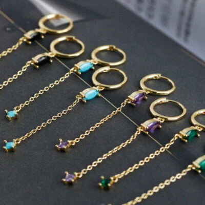 Neu Echt Silber 925 Damen Ohrringe Mit Anhänger Lange Kette Zirkon Navette - Bild 1 von 4