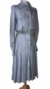 VESTIDO TED LAPIDUS AZUL SEDA CON BOTONES DELANTEROS MANGA LARGA FALDA COMPLETA TALLA M AÑOS 70 - Imagen 1 de 7
