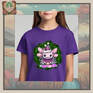 PURPLE AXOLOTL CHRISTMAS Tee Wreath Festive Holiday Salamander Adorable Xmas Tee - Picture 1 of 16