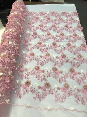 PINK 3D FLOWERS EMBROIDER WITH A CHEVRON PEARL DESIGN ON A MESH-SOLD BY YARD. - Image 1 of 4