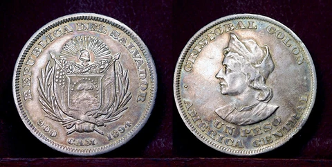EL SALVADOR 1894, 1 Peso, Silver, Crown size, EF, Colón, Silver (.900) Cover