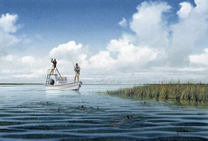 "Guide Boat" by John Dearman Giclee Print Polling for Redfish Schooling Texas - Picture 1 of 1