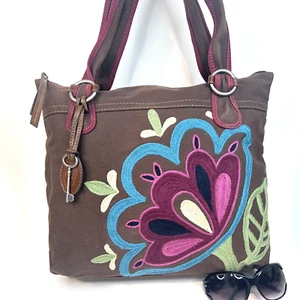 ~FOSSIL Cameron Extra Lg Canvas Tote w/Embroidered Detail Brown - Picture 1 of 11