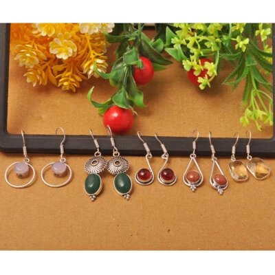 Lote de pendientes de gancho hechos a mano enchapados en plata de ley 925 con piedras preciosas de ónix verde y mezcla Foto 1 de 3