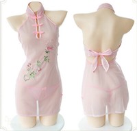 US Sexy Women's See Through Flower Cheongsam Mini Dress Lingerie Sleepwear Set