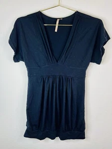 Papaya Black Plunge V Neck Short Sleeve Top Y2K Minimalist Size Medium Polyester - Picture 1 of 6