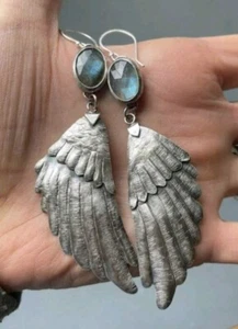 Boucle D'oreille Aile Et Pierre Naturel Labradorite, Neuf - Picture 1 of 1