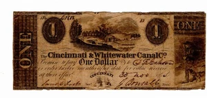1845 CINCINNATI WHITEWATER CANAL OHIO OBSOLETE CURRENCY $1 DOLLAR BANKNOTE ~B3 - Picture 1 of 2