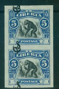 Liberia 1906, 5c chimpanzee official, IMPERFORATE pair #O48 - Picture 1 of 2