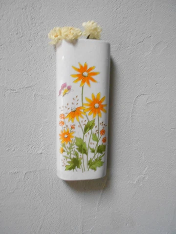 Vintage French  FLORAL Wall Hanging Pot  Planter  w/ CALENDULAS Cover