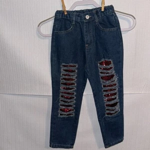 Red/Burgundy Sequin Distressed Skinny Leg Jeans Girls Size 2XL (6/7) - Picture 1 of 5