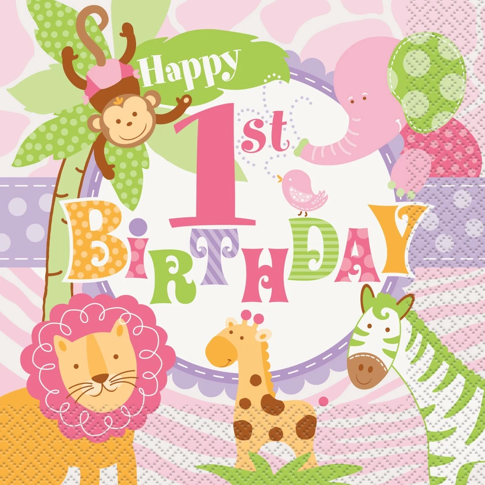 Pink Napkins 1st Birthday Safari Lunch Napkins Elephant Monkey Lion GIrls Party - Image 1 of 1