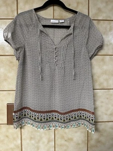 Liz Claiborne Women’s Boho Retro Peasant Artsy Preppy Tribal Blouse, Brown Sz M - Picture 1 of 9