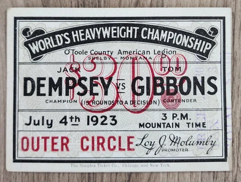 Vintage 1923 Jack Dempsey Vs Tom Gibbons Boxing Ticket Stub 7/4/23 Scarce $30 Cover
