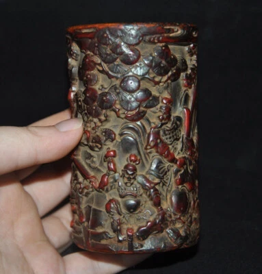4"China Dynasty palace old amber Carved character story brush pot pencil vase - Image 1 of 4