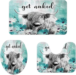 Farmhouse Highland Cow Bath Mat Set, Teal Bathroom Rugs Sets 3 Piece,Western Bat - Picture 1 of 12