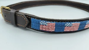 American Flag Belt Men's 34 Leather Hand sewn Seed Bead Kenya Collection - New - Picture 1 of 9