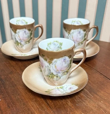3 tazas y platillos antiguos demitasse Z.S. & CO. Pintado a mano marrón y blanco rosa. Foto 1 de 2