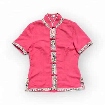 Blusa China Vintage Años 90 Rosa Floral Borde Rana Botones Talla Pequeña Foto 1 de 4