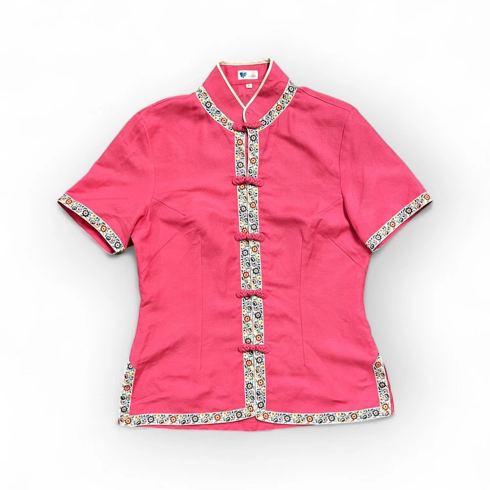 Blusa China Vintage Años 90 Rosa Floral Borde Rana Botones Talla Pequeña Foto 1 de 4