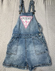 VTG Guess Junior Denim Overall Shorts Size 16 Big Logo - Picture 1 of 6