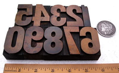 Vintage large letterpress wood type numbers 0-9 and $. Beautiful patina! - Image 1 of 3