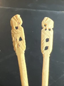 Vintage Afrikanischer Stamm 4" Brieföffner Haar Pick 2er Set Handgeschnitzt Elefant - Bild 1 von 9