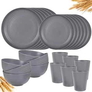 24 Pcs Dark Grey Wheat Straw Dinnerware Set for 6 Reusable Plates Bowls - Picture 1 of 9