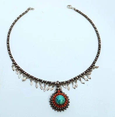 girocollo con pendente in argento 925  corallo e turchese vintage anni 70 - Immagine 1 di 4