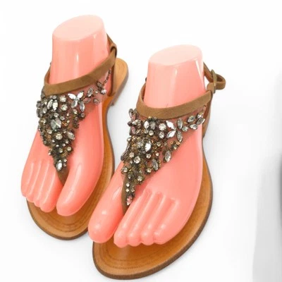 ANTIK BATIK Sandalias Planas Tanga Puntera Cristales Joya Cuero Tostado 38/7 Foto 1 de 4