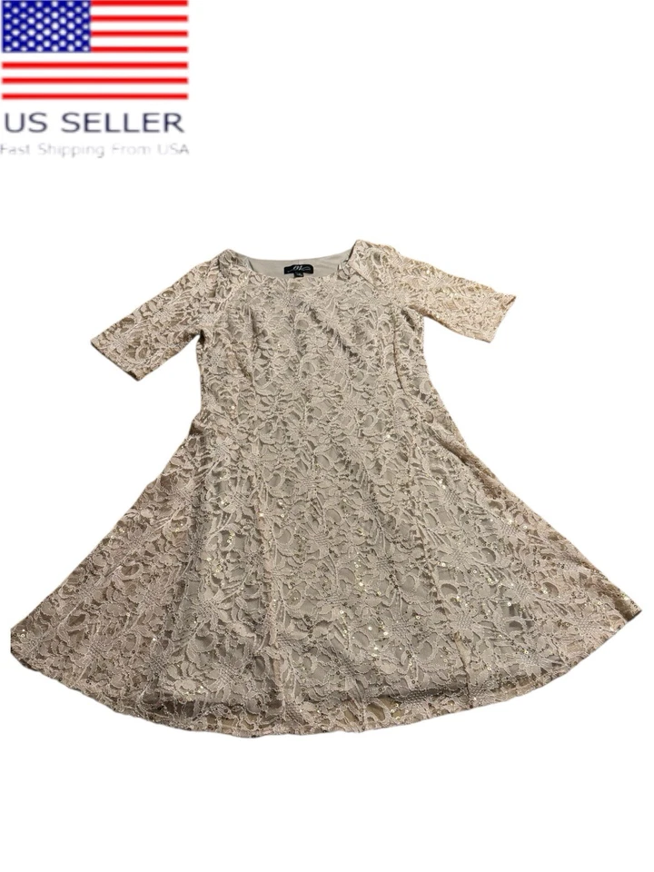 Midnight Velvet Lace Sequin Fit And Flare Dress Taupe Size 16 - Image 1 of 4