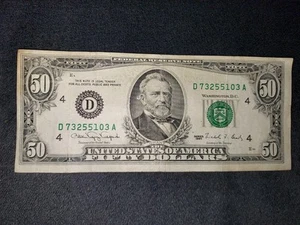 1990 misprint offset $50 dollar bill Used U.S. Currency Serial # D 73255103 A - Picture 1 of 2