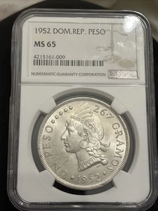 Dominican 1952 1Peso Silver NGC MS65 - Picture 1 of 3