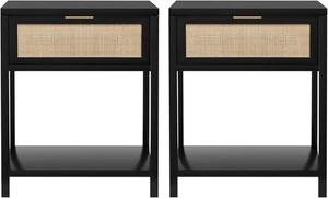Black Nightstand Set of 2, Mid-Century Modern End Table with Storage Drawer - Picture 1 of 6