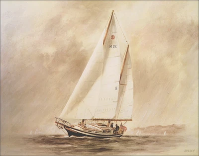 1984 Vintage Impressão Veleiro Barco Costa Marítima Americana Imagem Pintura a Óleo - Imagem 1 de 3