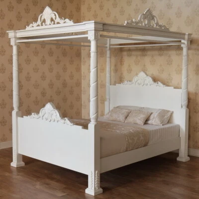 Annabelle Four Poster Canopy Bed Antique White Solid Mahogany 4'6" 5' 6' B070P - Image 1 of 4