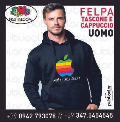 FELPA CAPPUCCIO TASCONE UOMO STAMPA APPLE 1 PERSONALIZZATA STAMPATA - Immagine 1 di 2